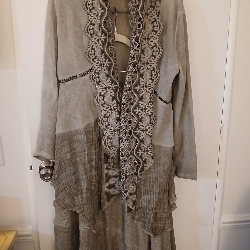 Chic Taupe Lace-Trimmed Maxi Skirt & Sweater Set